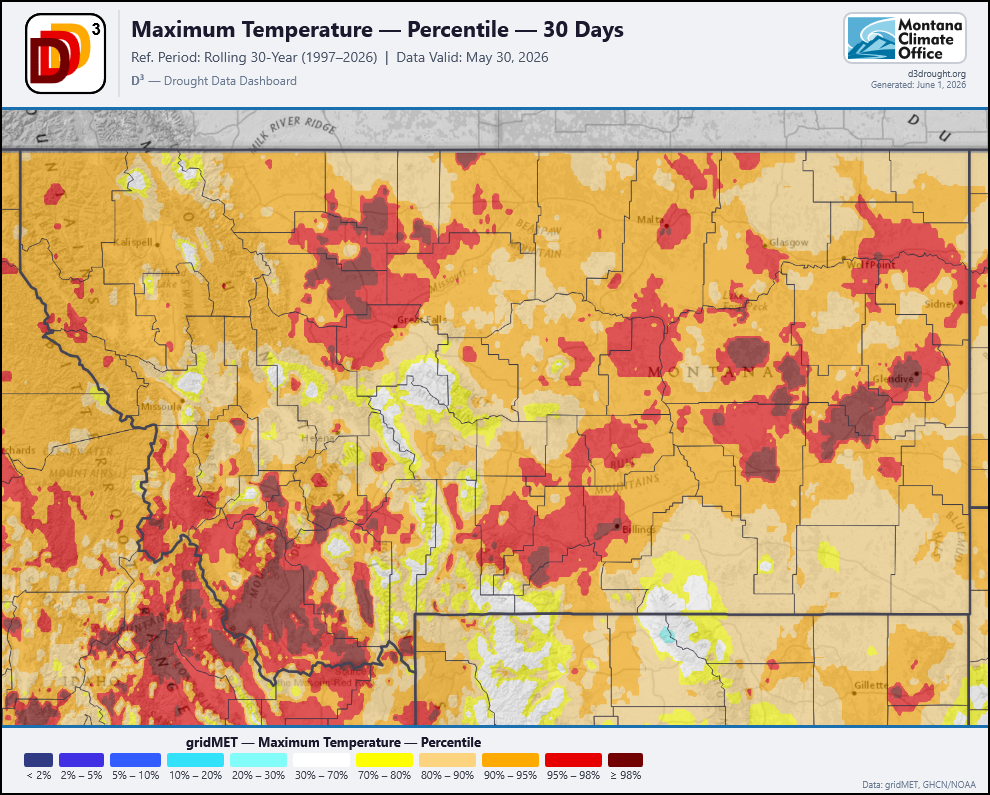Montana max temperature percentile, 30-day rolling, May 30 2026