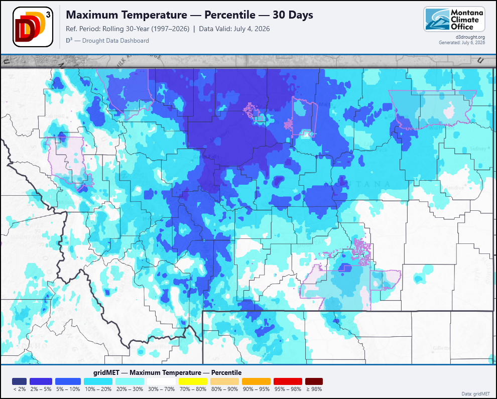 Montana maximum temperature percentile map