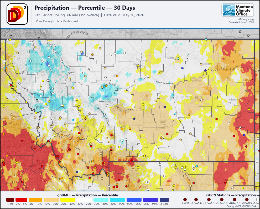 Montana precipitation percentile, 30-day rolling, May 30 2026