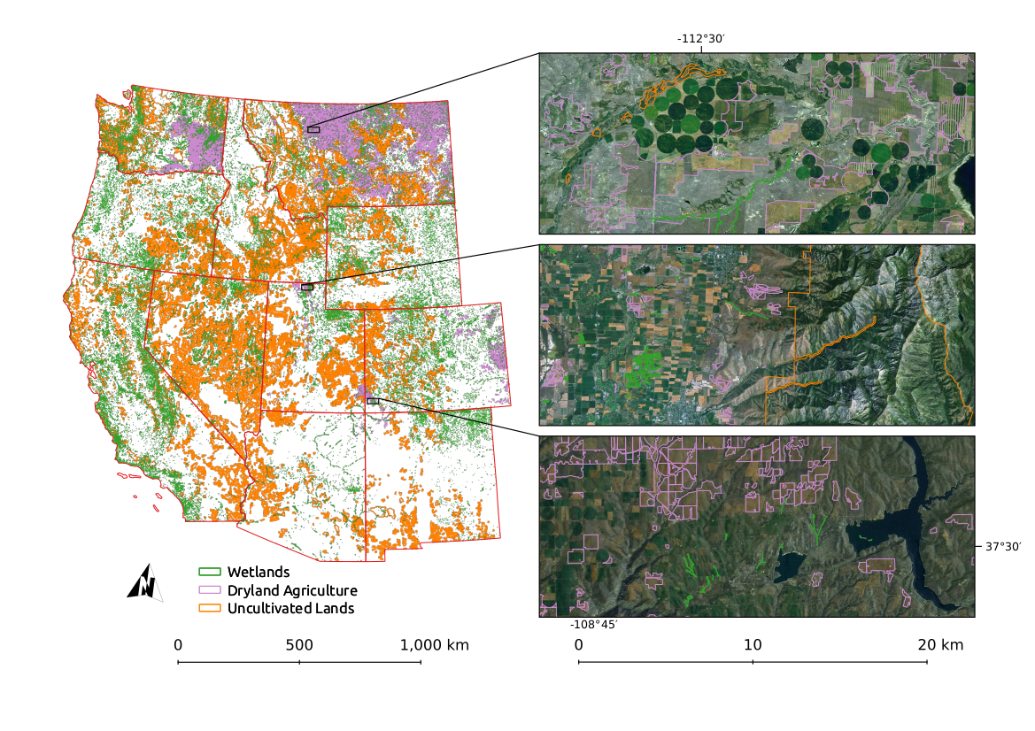 Figure 2: Training data from the unirrigated classes used to train IrrMapper (i.e., wetlands, dryland agriculture, and uncultivated lands).