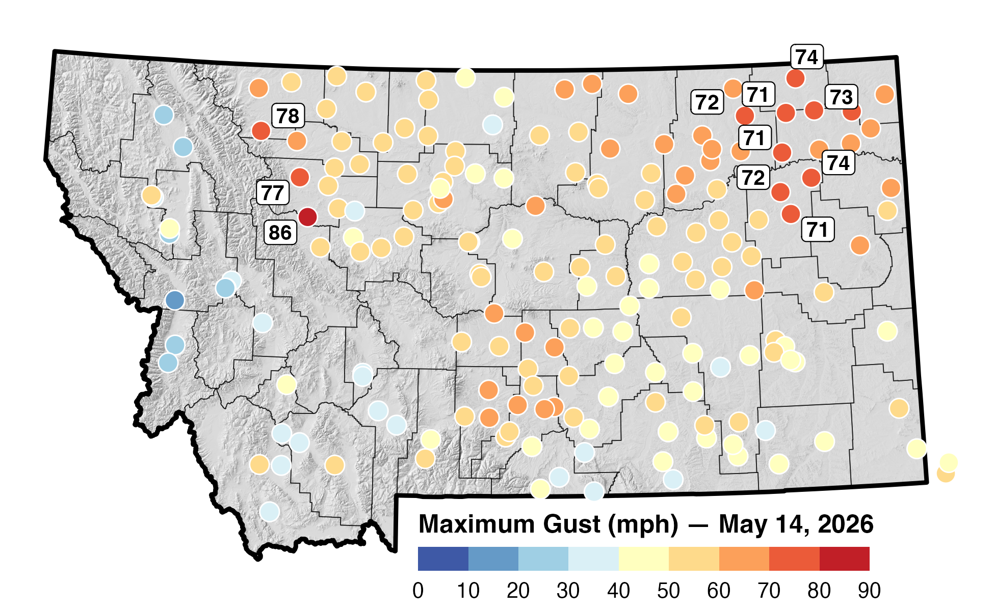 Maximum wind gusts on May 14, 2026, as recorded by the Montana Mesonet.