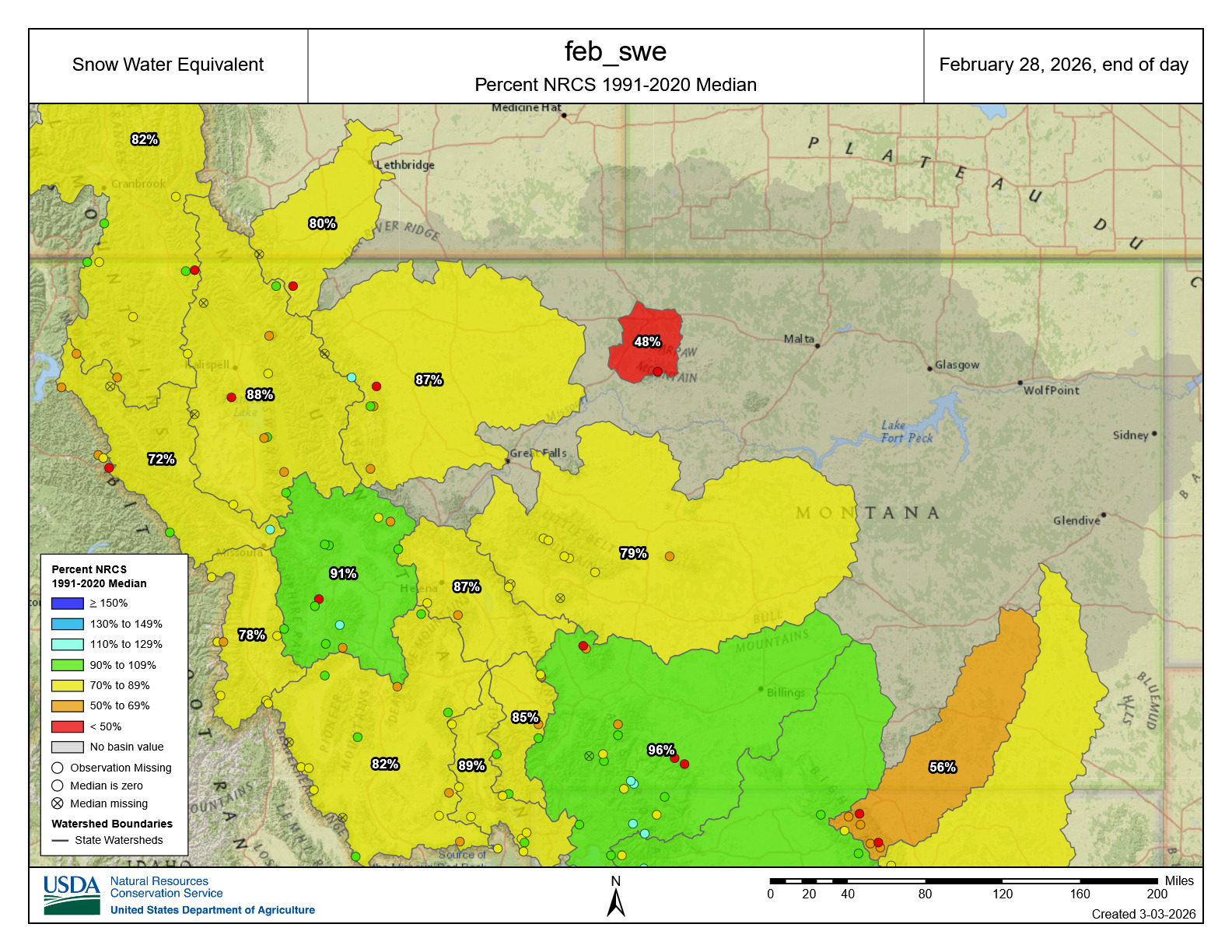 Map of February median SWE at HUC 10 for SNOTEL stations and basins. Source: [USDA Snow and Water Interactive Map ](https://www.nrcs.usda.gov/resources/data-and-reports/snow-and-water-interactive-map)