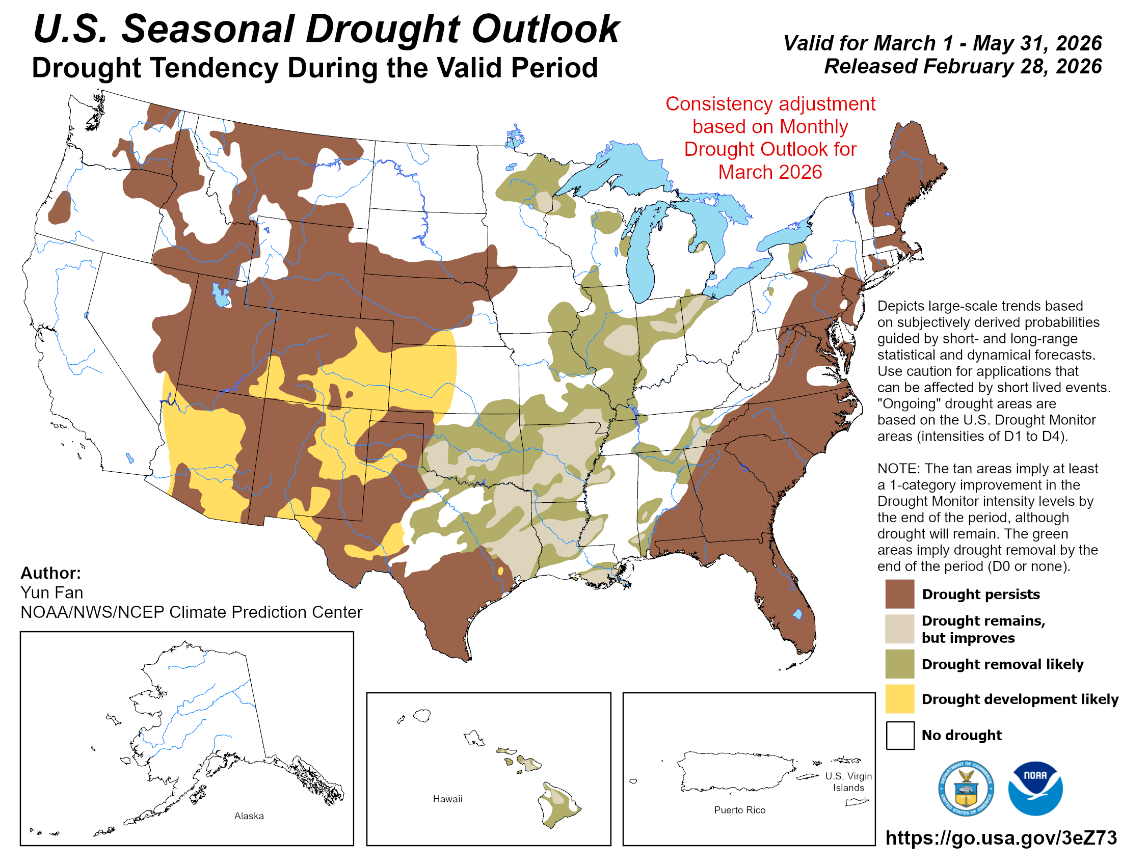 Map of the seasonal drought outlook for the U.S. Source: [NOAA Drought Outlook Map](https://www.cpc.ncep.noaa.gov/index.php).