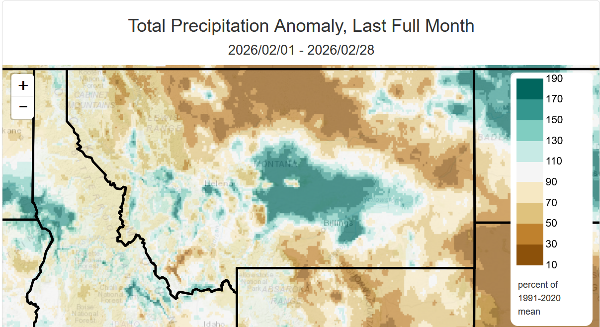 Total precipitation anomaly Map of Montana
