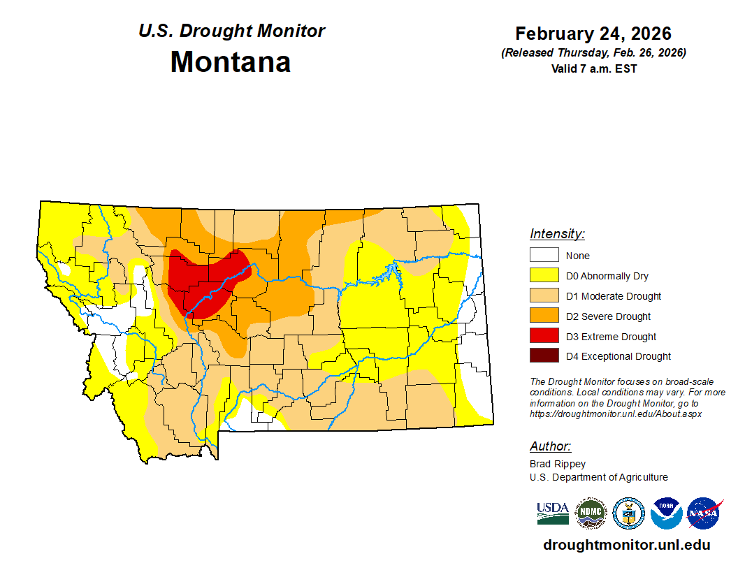 Map of the February USDM Status for Montana Source: USDM Montana Map: [https://droughtmonitor.unl.edu/](https://droughtmonitor.unl.edu/CurrentMap/StateDroughtMonitor.aspx?MT)